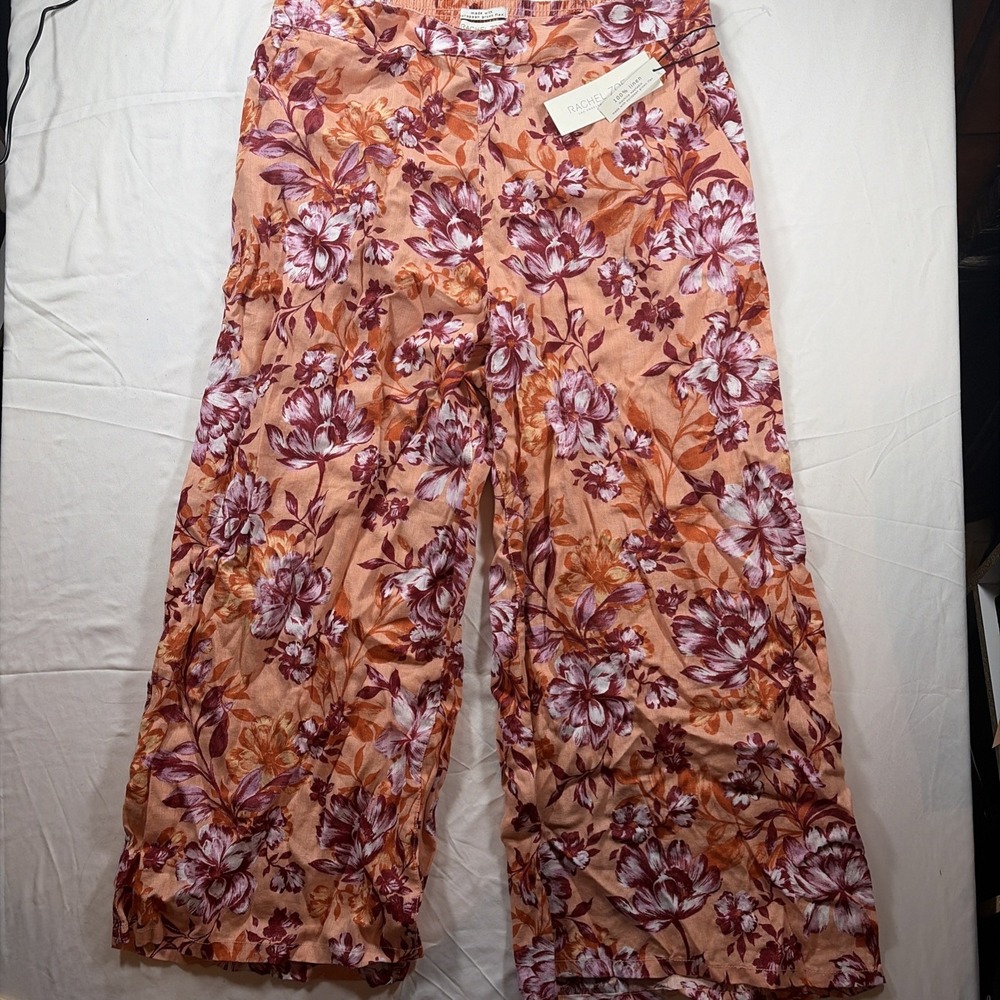 Rachel Zoe 100% Linen Wide Leg Pants Womens Size XL Peach Floral Pull On Cropped
